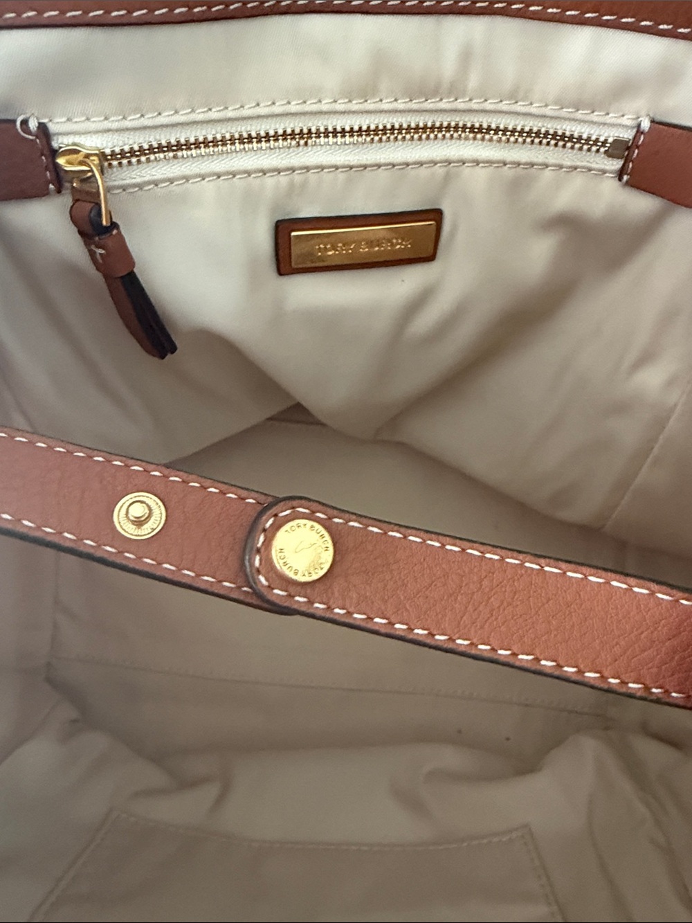 Tory Burch Cognac Leather and Cream Woven Shoulder Bag - Picture 6 of 11